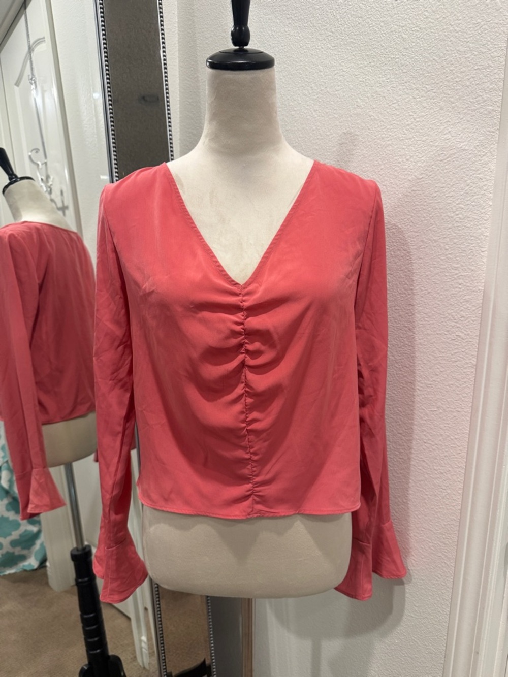 Free Press V-Neck Ruched Blush Long-Sleeve Blouse NWT